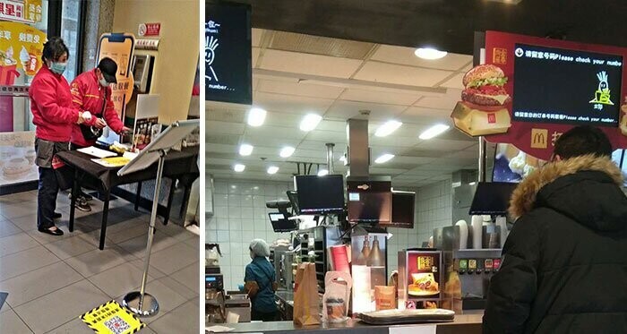 McDonald's в Пекине. Посетителям проверяют температуру, а также записывают имя и фамилию. Всем сотрудникам, которые готовят заказы навынос, регулярно проверяют температуру