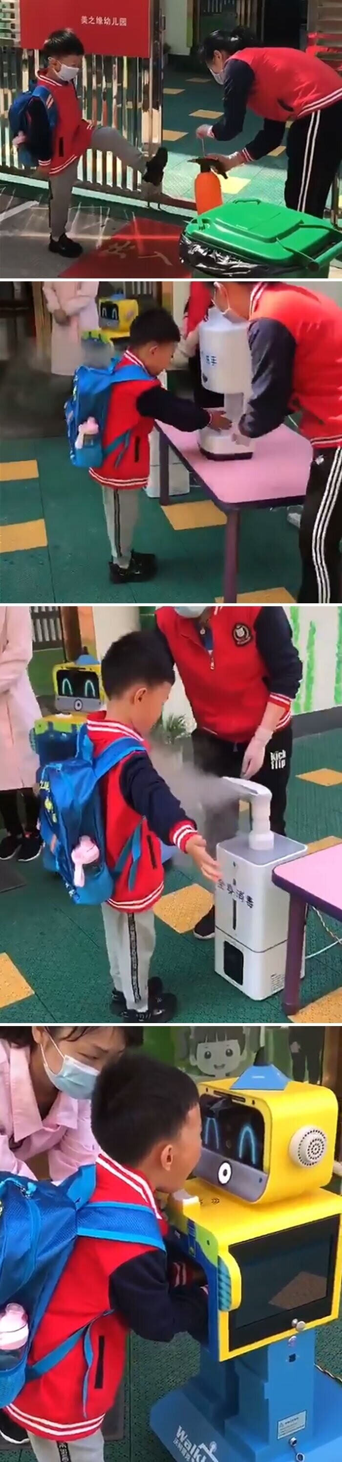 Перед школой китайским детям дезинфицируют обувь, руки, одежду, а робот проверяет их глаза, руки и горло