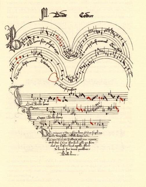 Песня «Belle, Bonne, Sage» Бода Кордье, записанная в форме сердца, страница из «Кодекса шантильи»