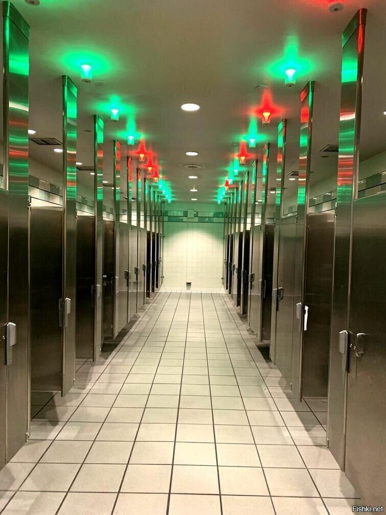 В туалете этого аэропорта свободные и занятые кабинки показываются зелёным и ...