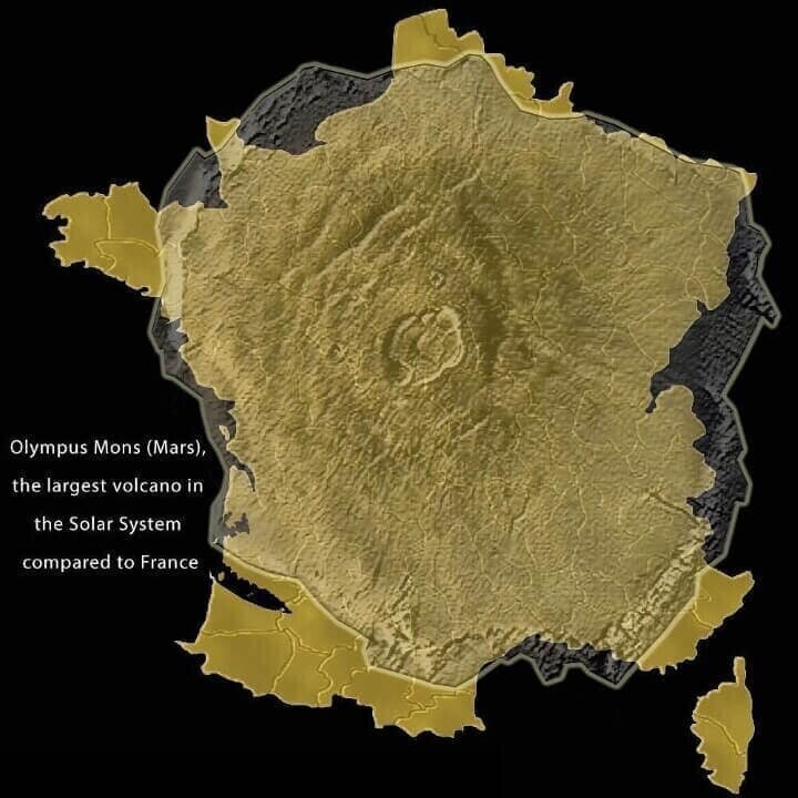 13. Сравнение размера вулкана Олимп на Марсе с территорией Франции