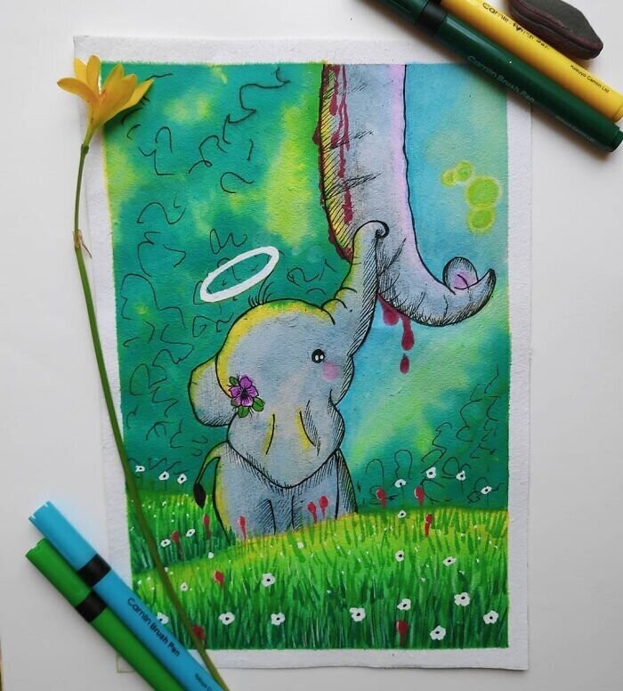 Вот что нарисовали в память о погибшей слонихе другие пользователи: