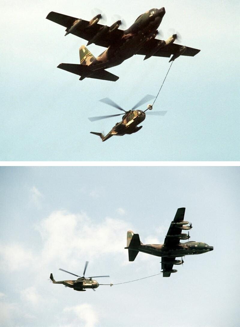Дозаправка самолётом поисково-спасательной службы Lockheed HC-130 Combat King тяжёлого вертолёта Sikorsky СН-3 в ходе учений национальной гвардии штата Нью-Йорк Sentry Castle'81; июль 1981-го года
