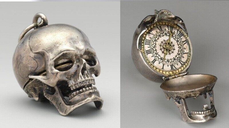 Часовщик Исаак Пенард. Серебряные карманные часы в форме черепа. Швейцария, 1640 год.