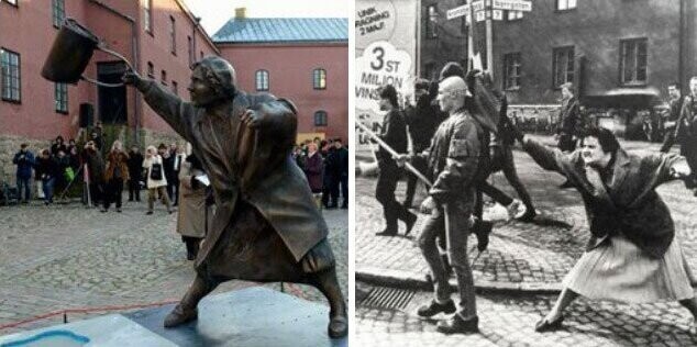 1. Векшё, Швеция, "Женщина с сумкой". Памятник Дануте Даниэльссон, которая 13 апреля 1985 года ударила сумкой одного из колонны неонацистов. Мать Дануты была узницей Аушвица