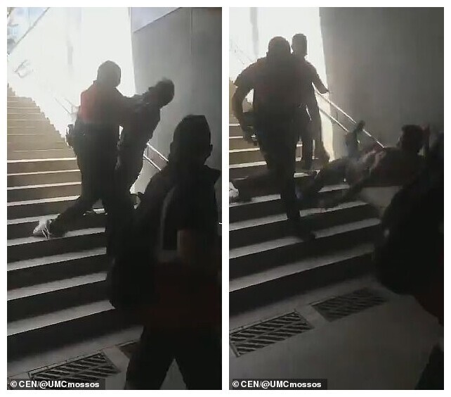 Два охранника дерутся с мужчиной, потом его толкают и он летит со ступенек лестницы вниз и падает плашмя на спину