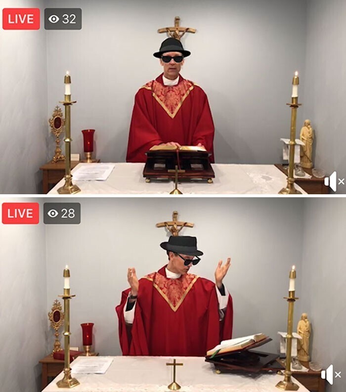 8. Священник случайно провел онлайн-мессу с включенными фильтрами, добавляющими шляпу и темные очки