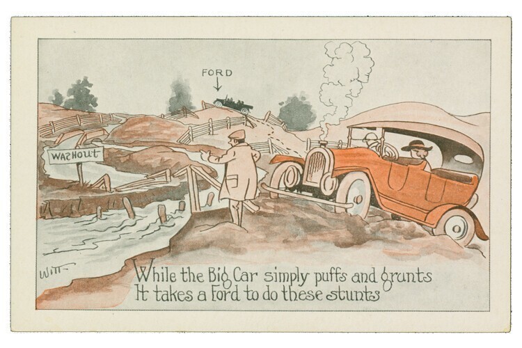 Юмористическая открытка: Model T обгоняет автомобиль другой марки, застрявший в грязи, 1915