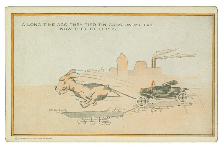 «Раньше они привязывали к моему хвосту жестянки, теперь привязывают автомобили Ford», юмористическая открытка 1915 года