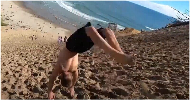18-летний гимнаст спустился с песчаного склона с помощью задних сальто