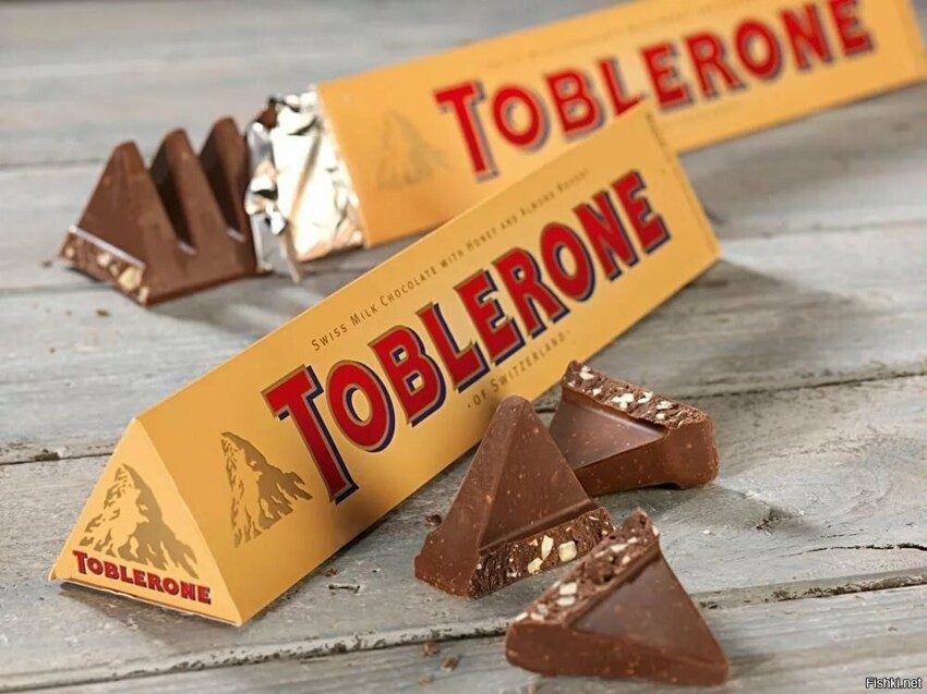 Toblerone — шоколадный батончик,расфасованный в виде долек из сладких пирамид...
