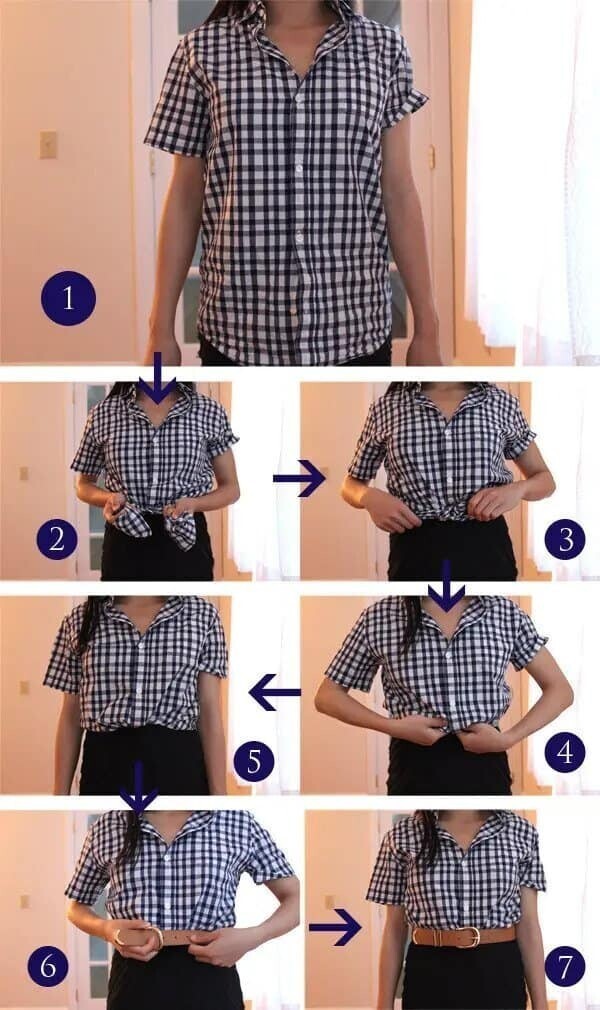 Нестандартный способ завязать блузу на животе, чтобы надеть потом ремень: