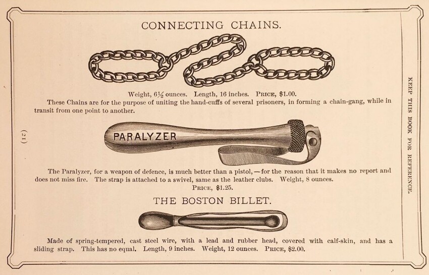 Цепи для соединения наручников (нескольких заключенных сразу), дубинка-парализатор, бостонская дубинка (стальной прут, резиновая головка, кожаное покрытие)
