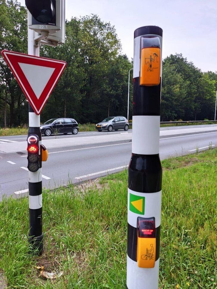 Голландские переходы снабжены кнопками остановки движения и для велосипедистов, и для конных всадников