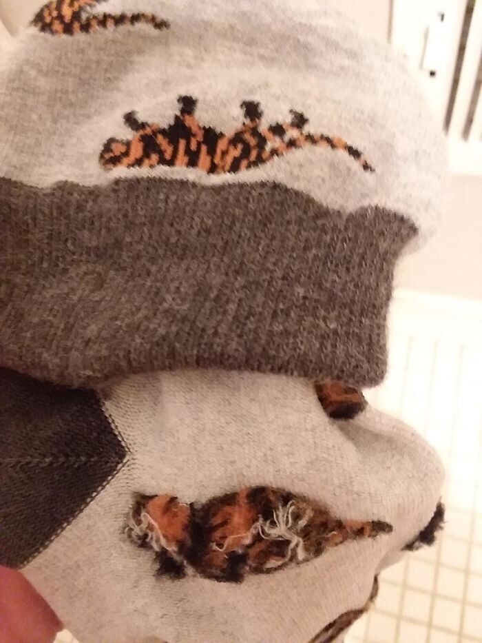 Это носки с тиграми, но если вывернуть их наизнанку, тигры превращаются в кошек