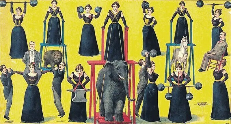 Старинная цирковая афиша с изображением женских силовых номеров