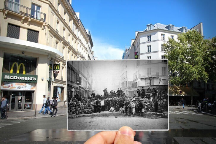 Улица Фобур дю Тампль сейчас и в 1871 году.