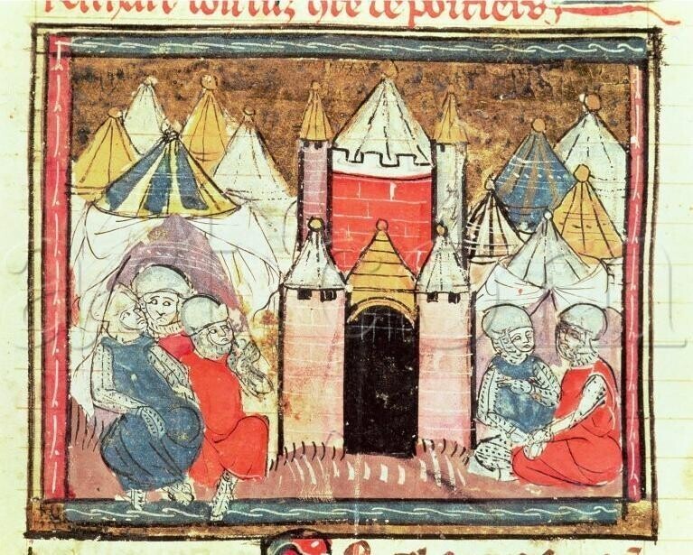 Аутентичная миниатюра из Больших Французских Хроник (Grandes Chroniques de France) 1375–1379 годов с изображением осады замка