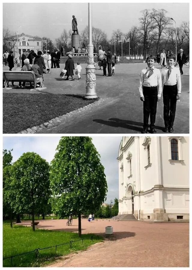 На Соборной площади в Пушкине. 1986 и 2020 год.