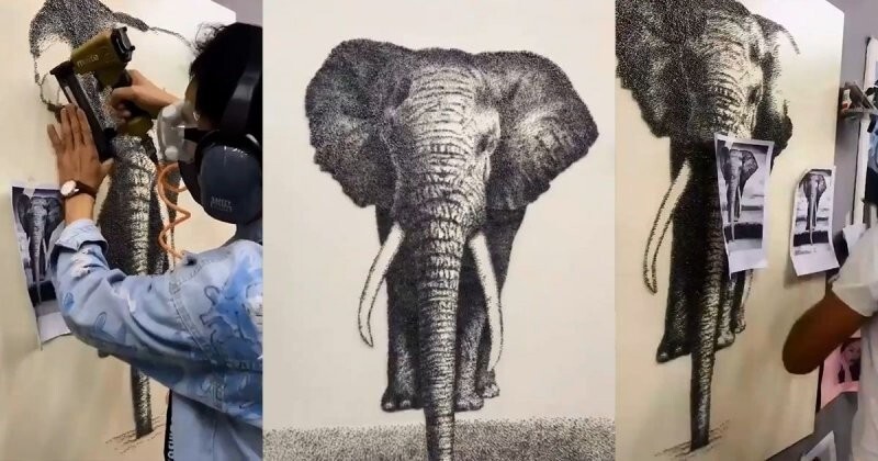 Учитель рисования из Китая создал изображение слона гвоздями на деревянной доске