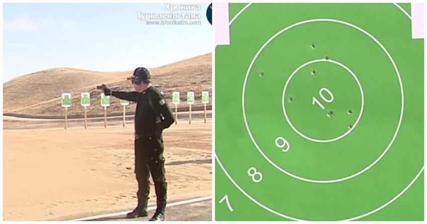 Глава Туркменистана показал сверхчеловеческую меткость, взорвал бочки и уехал под овации на сверкающем джипе