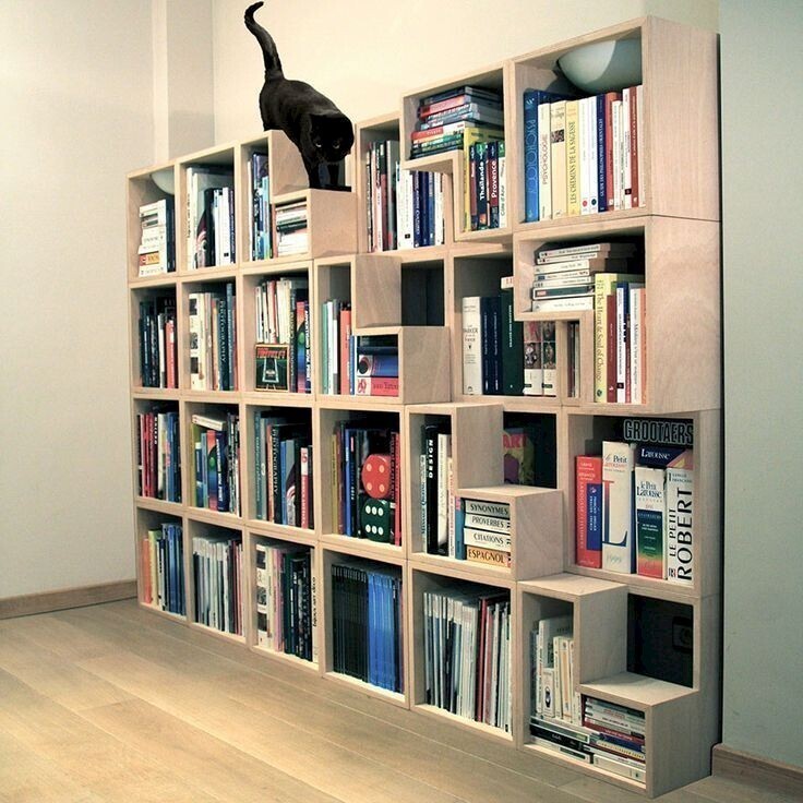 книжный шкаф, пристроив лестницу, чтобы кошка могла по ней добираться до самого верха и там прятаться;