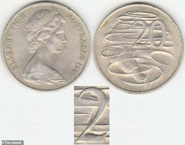 Бракованная монета в 20 центов, изготовленная в 1966 году - на ней двойку изобразили с "хвостиком", хотя обычно нижняя линия была прямой