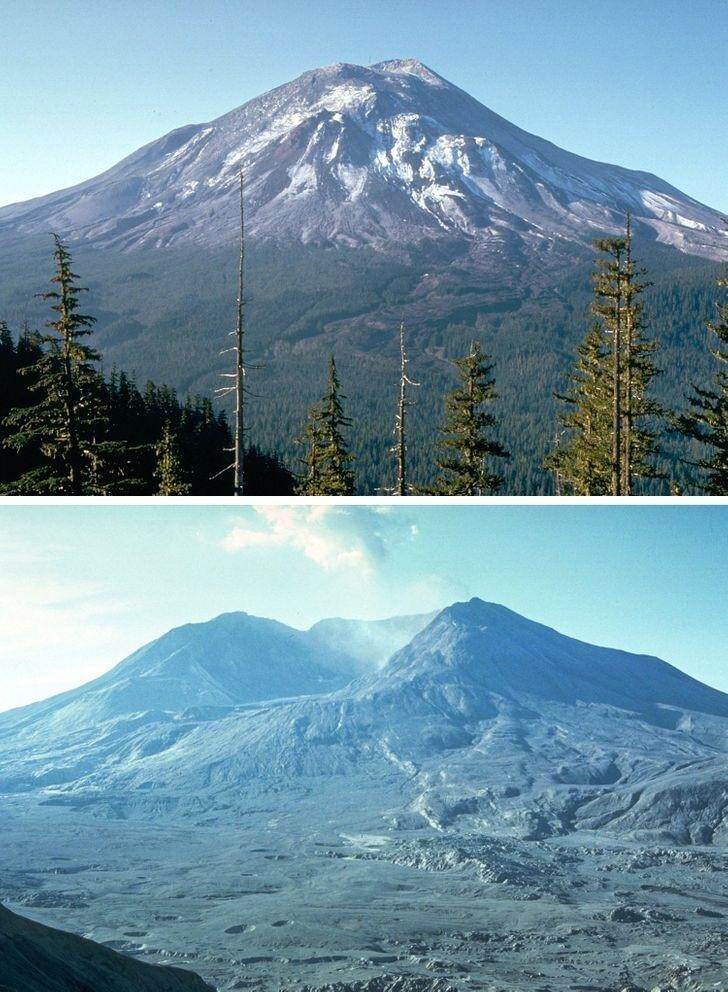 Вулкан Хеленс накануне извержения в 1980 году, и после
