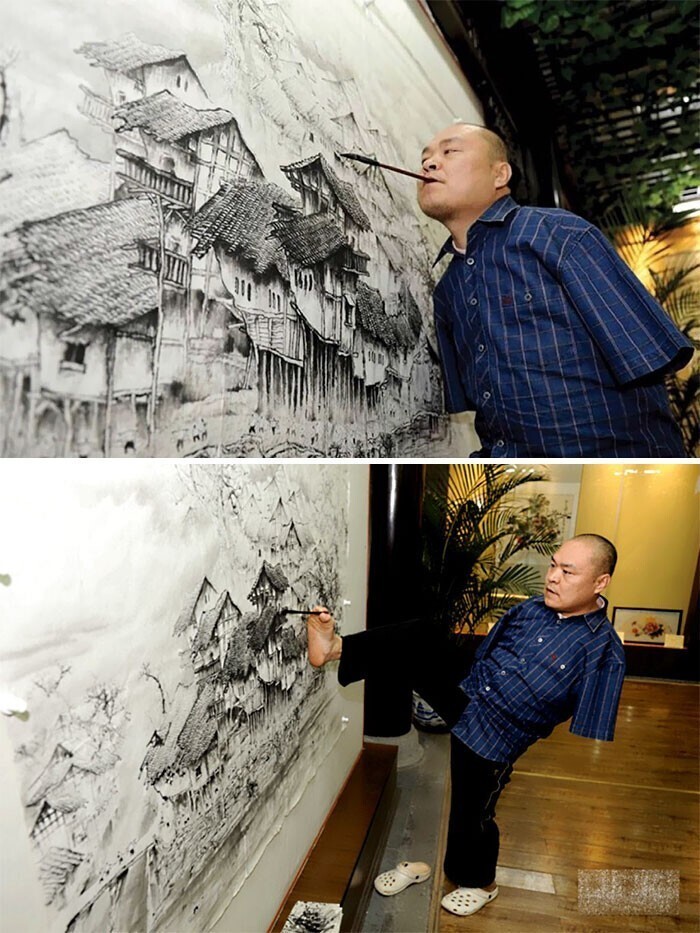 Хуанг Гуофу потерял обе руки в четыре года в результате удара электрическим током. Мальчику нравилась живопись, и с 12 лет он начал учиться рисовать с помощью ног, добившись немалых результатов в профессии.
