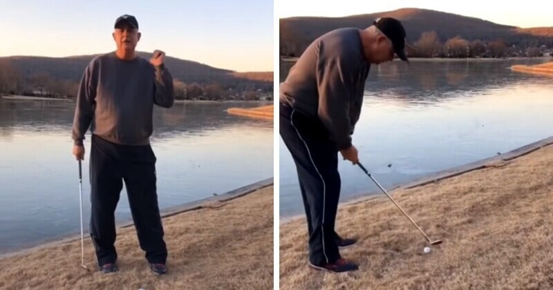 Завораживающий звук удара мяча для гольфа о лед на озере
