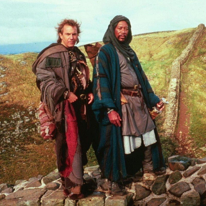 Кевин Костнер и Морган Фриман на съемках фильма — Робин Гуд: Принц воров / Robin Hood: Prince of Thieves, 1990 г.