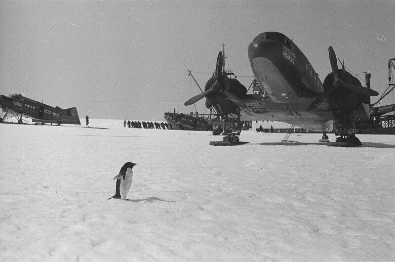 Советская станция в Антарктиде. Выгрузка самолётов с корабля на лёд