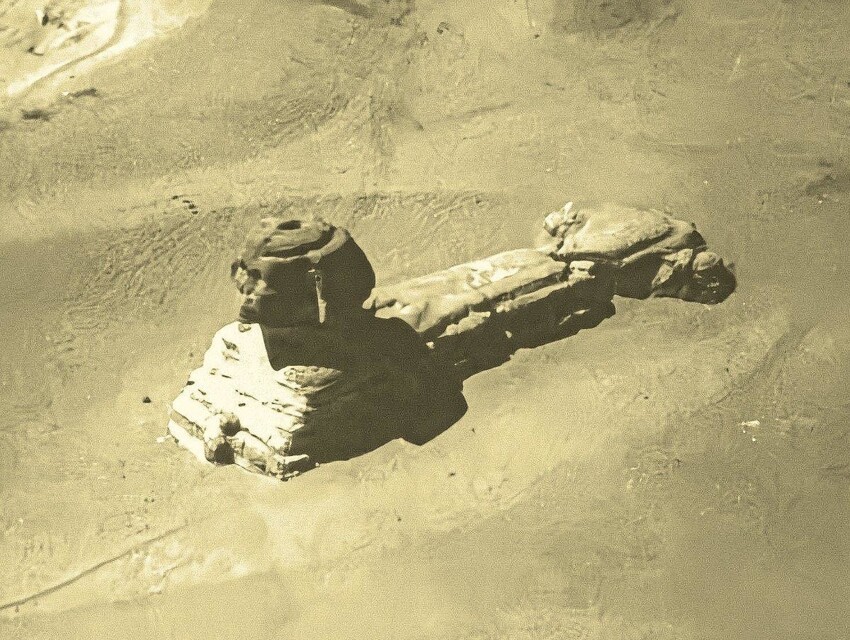 Фотография Сфинкса, сделанная в конце 1800-х годов. Фото было сделано с воздушного шара, и Сфинкс всё еще был покрыт песком