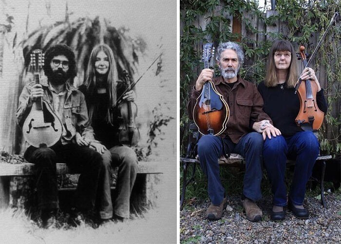 14. "Мои родители в 1975 году и в 2020 году. Они женаты и занимаются музыкой вместе уже более 45 лет!"