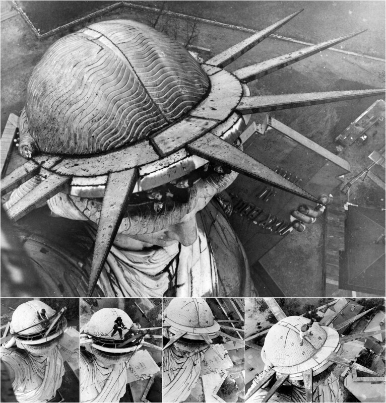 Верхолазы, развлекаются во время реставрации Статуи Свободы. 1938 год.
