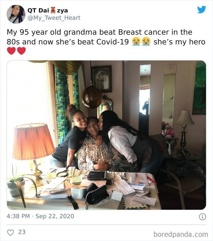 «Моей бабушке 95, в 80-х она победила рак груди, а теперь — Covid-19. Она мой герой».