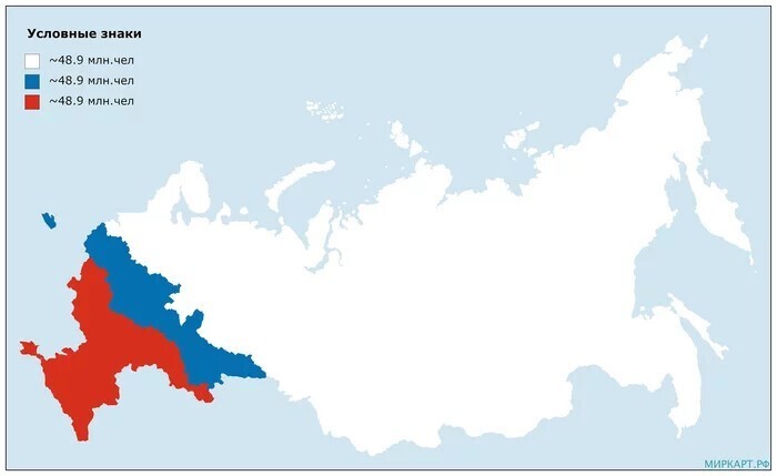 6. Карта России, разделённая на три части с примерно равным населением (в 2019 году)