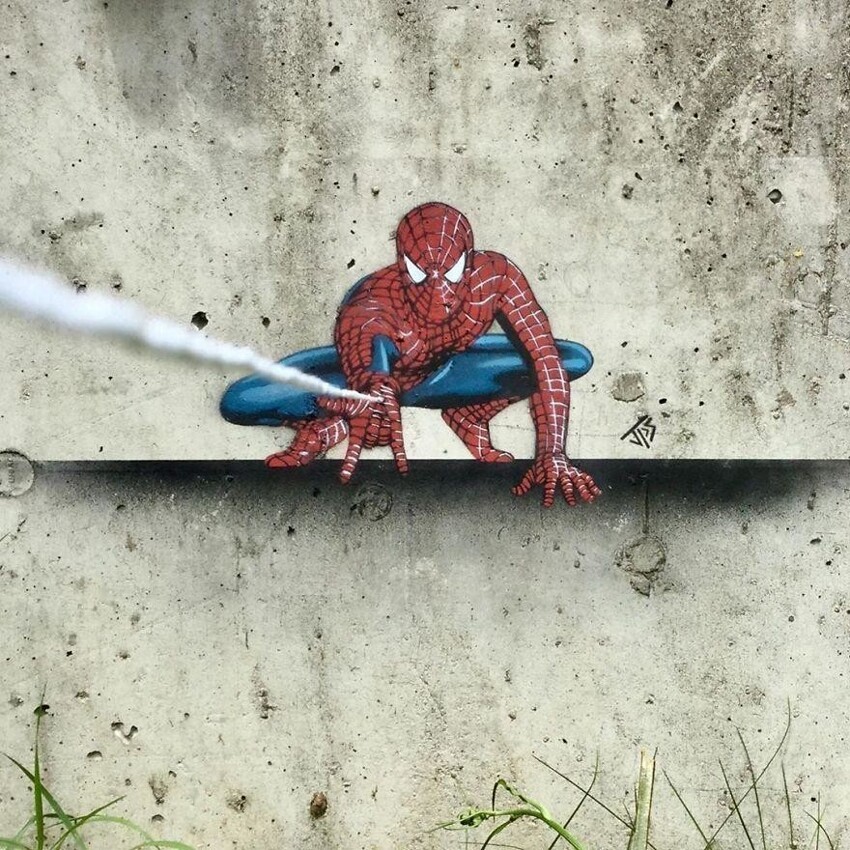 Уличный художник создает крутые граффити, которые взаимодействуют с окружающими вещами
