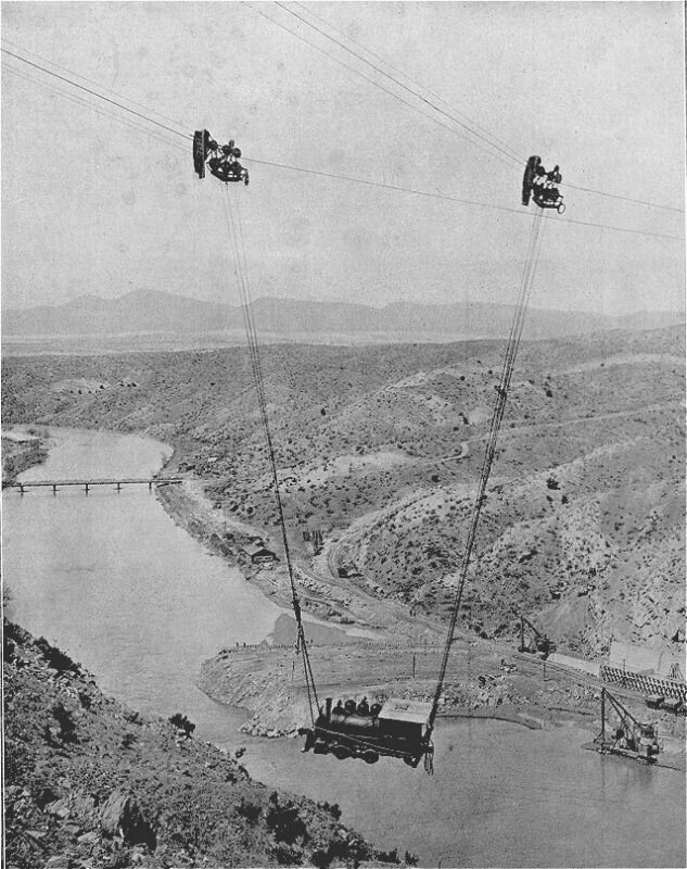Канатная переправа паровоза через каньон реки Рио–Гранде, 1915 год, США, штат Нью–Мексико