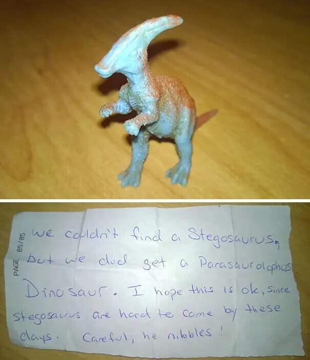 Персонал не смог найти стегозавра по запросу, поэтому нашел и оставил другого динозавра, извинившись, поскольку нынче довольно сложно найти стегозавра.