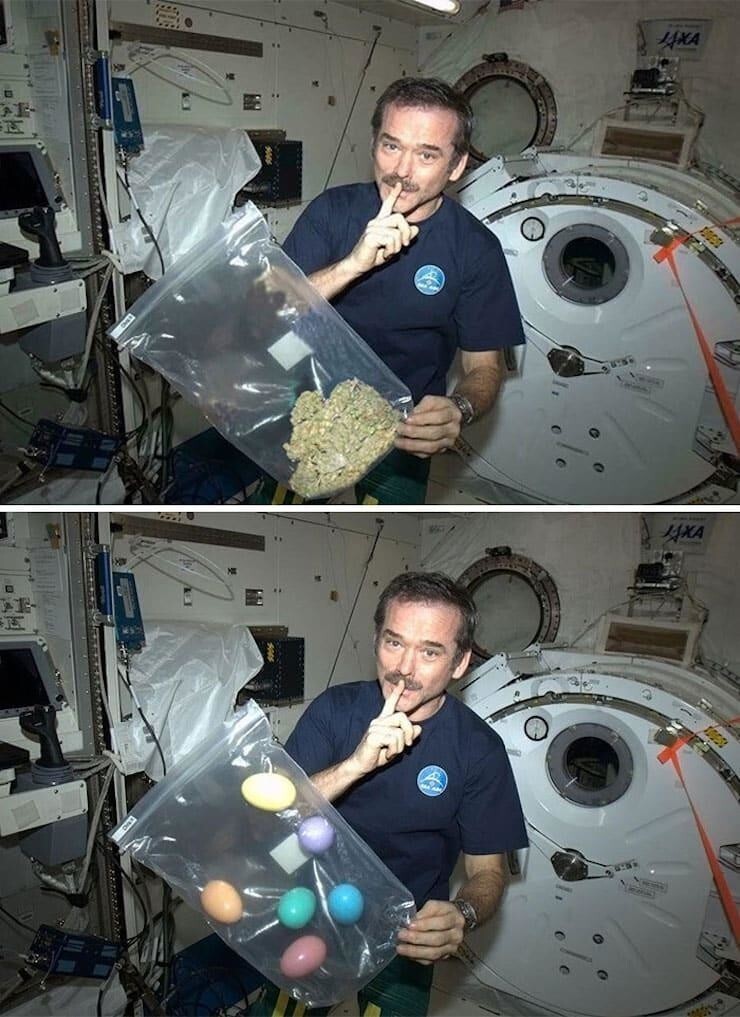 Космонавт Крис Хэдфилд с марихуаной - конечно это подделка - на самом деле он приготовил сюрприз - пасхальные яйца