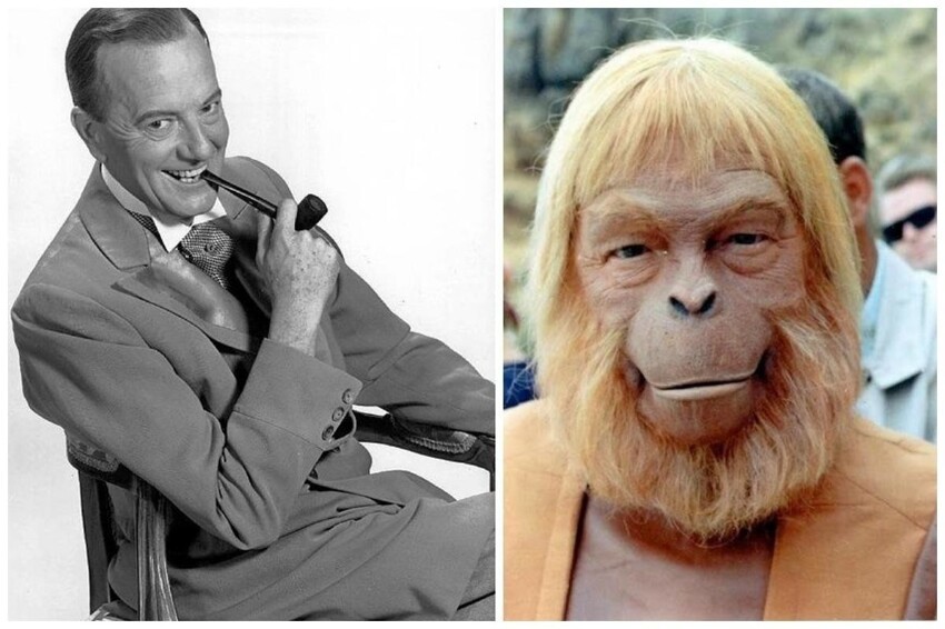 Морис Эванс сыграл злодея, министра науки орангутана доктора Зайуса из первой Планеты обезьян, 1968 год