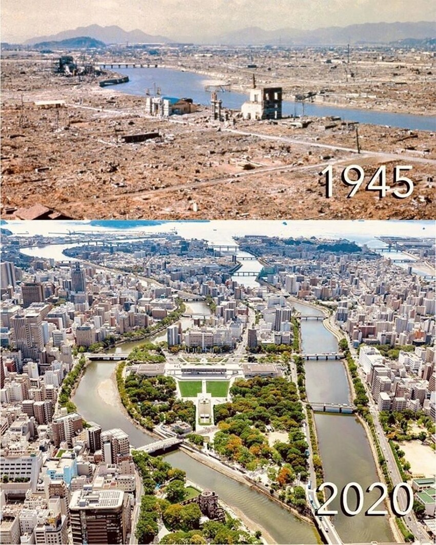 Хиросима, до и после того, как её практически стерли с лица Земли