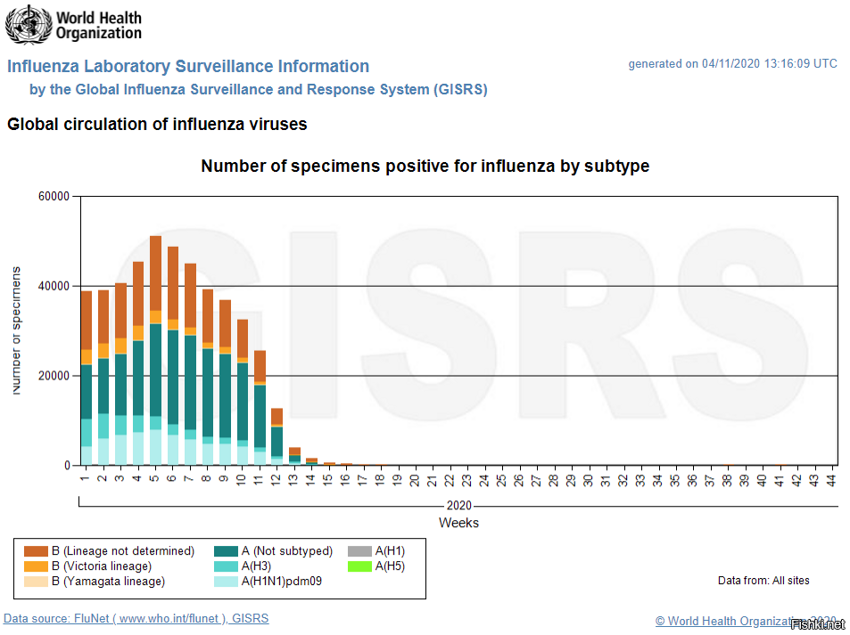 Данные Всемирной организации здравоохранения по гриппу за 2018 - 2020 годы (h...