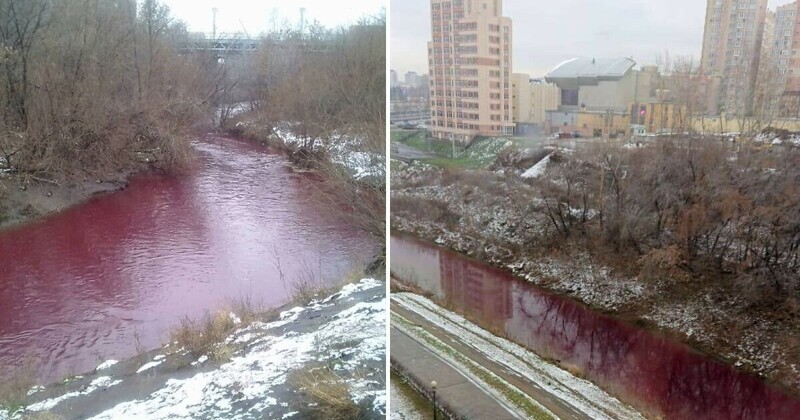 Зловещие воды: река в центре Кемерова окрасилась в цвет то ли киселя, то ли крови
