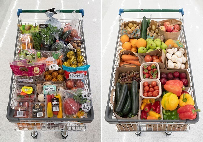 Разница продуктовых тележек в супермаркете Новой Зеландии, где начали использовать меньше пластика