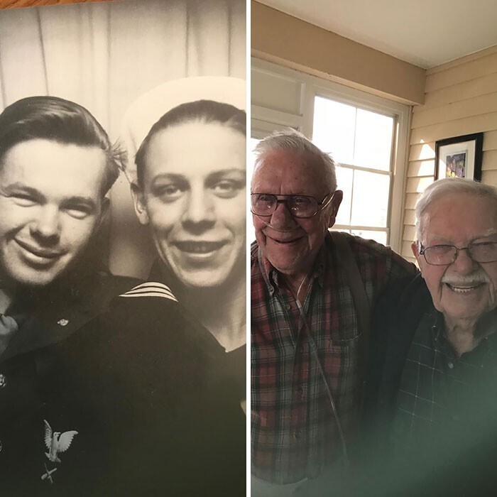 "Мой дедушка со своим другом-соседом. Они родились с разницей в два часа. Слева их фото на службе в армии в 1942, а справа - они сейчас"
