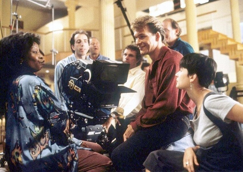 Вупи Голдберг, Патрик Суэйзи и Деми Мур на съёмках фильма "Привидение", режиссёр Джерри Цукер, Paramount Pictures, 1990 год