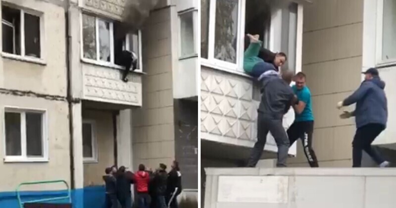 Бабушка прыгнула с балкона горящей квартиры на руки прохожим