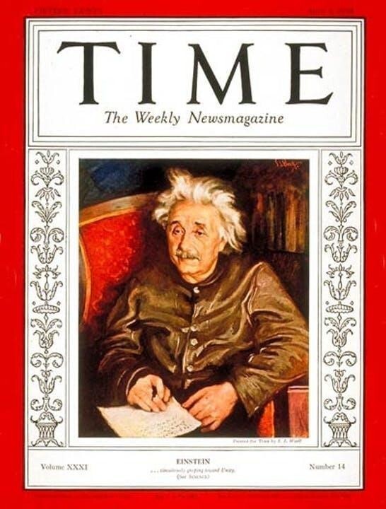 Обложка журнала TIME, апрель 1938 г. - Эйнштейн в любимой куртке